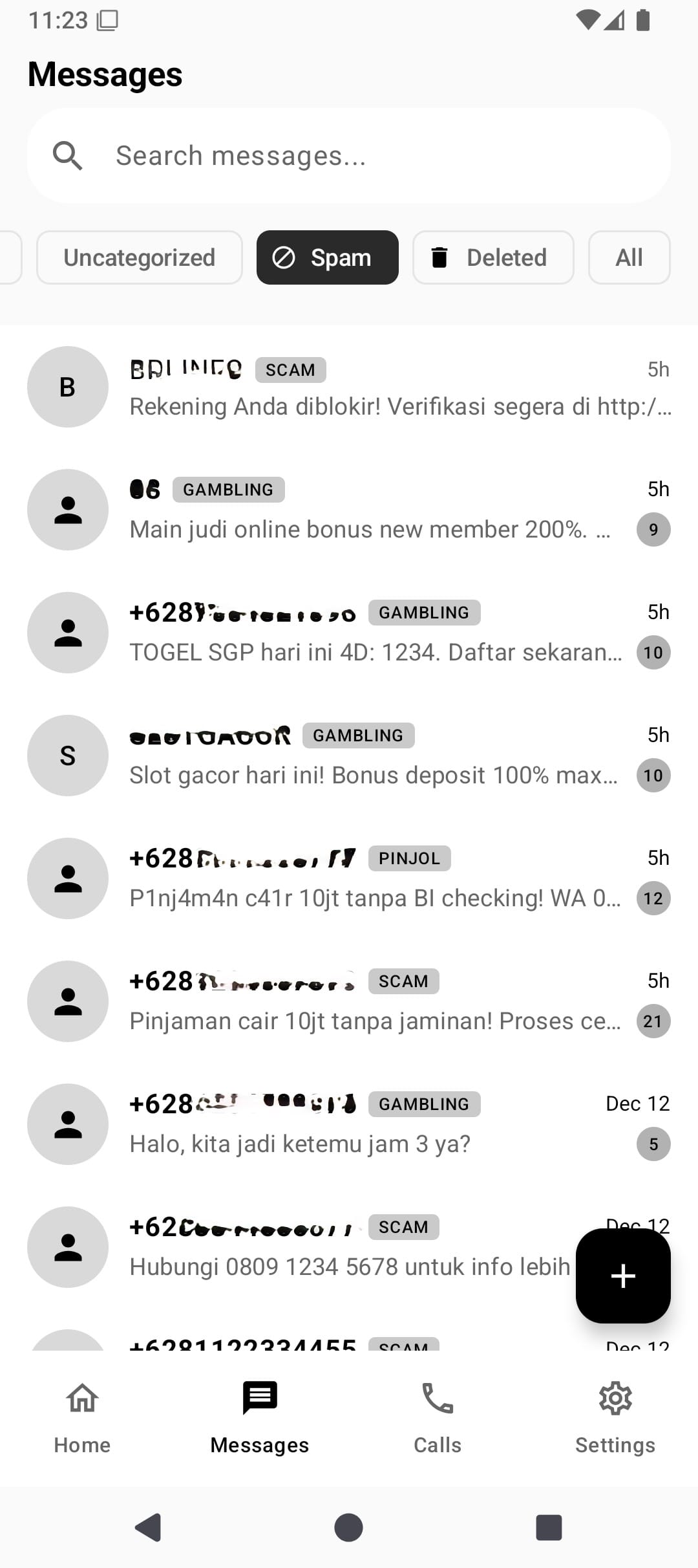 sehari2 app showing spam messages filtered and labeled